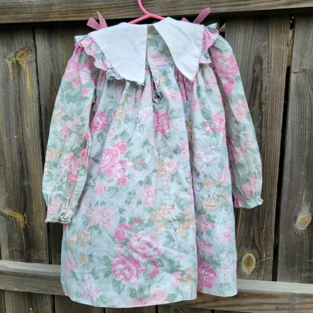 VTG Floral Dress Girls 3T COTTAGECORE  pink Prairie rosette lace FAIRY 90s